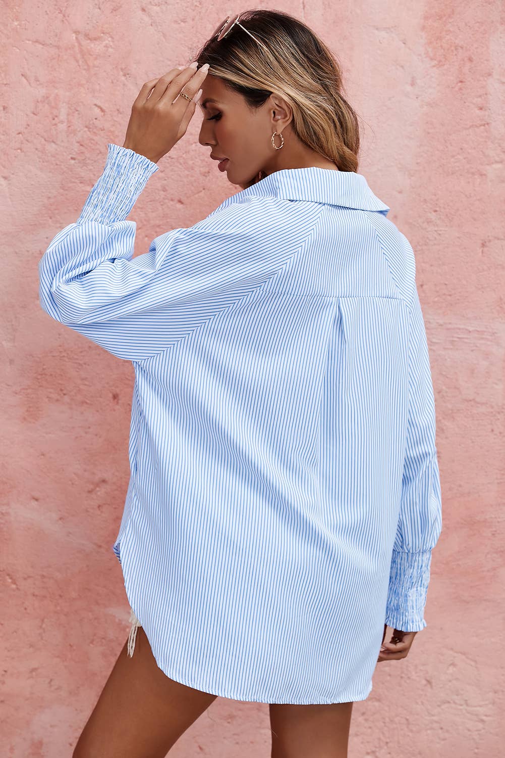 Smocked Cuffed Striped Boyfriend Shirt