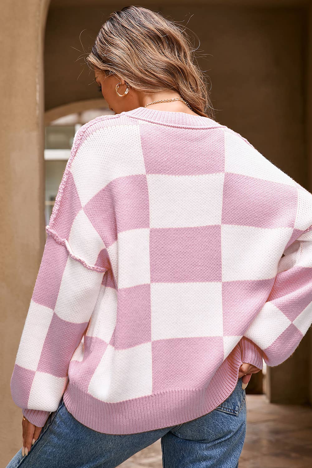 Checker Reverse Seam Crewneck Sweater