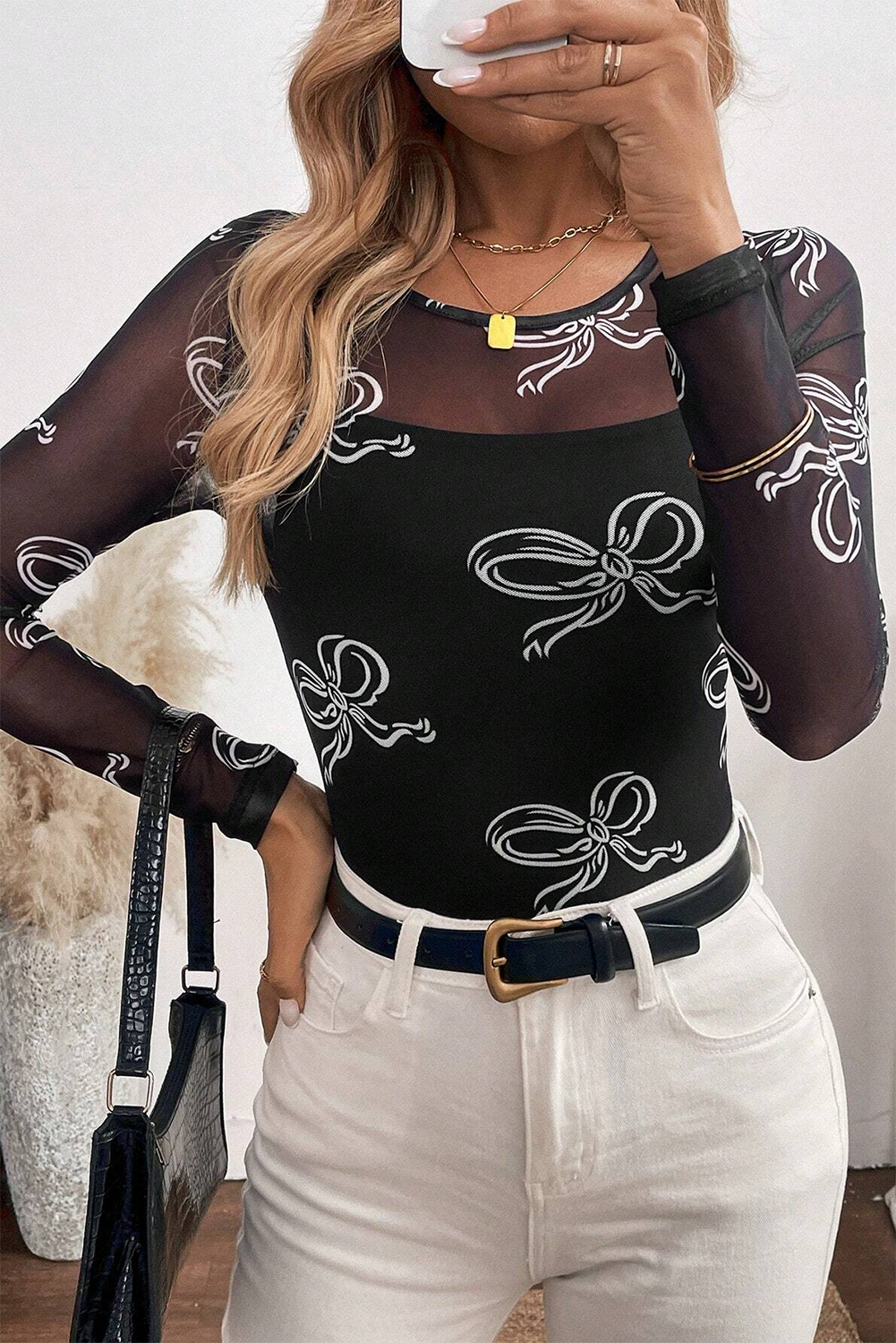 Bow Mesh Top- Long sleeve