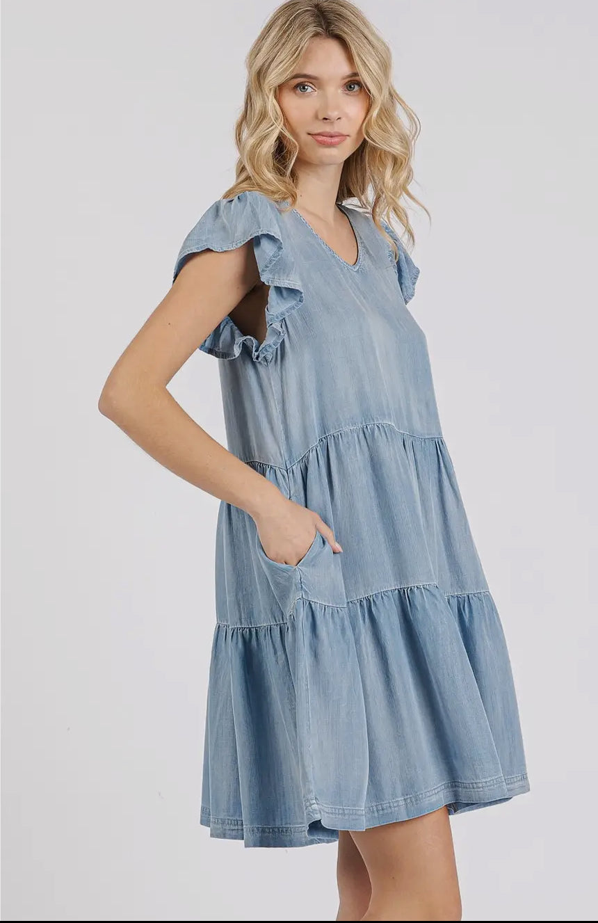 Washed Chambray Ruffle Sleeve Tier Mini Dress