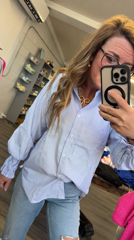 Smocked Cuffed Striped Boyfriend Shirt