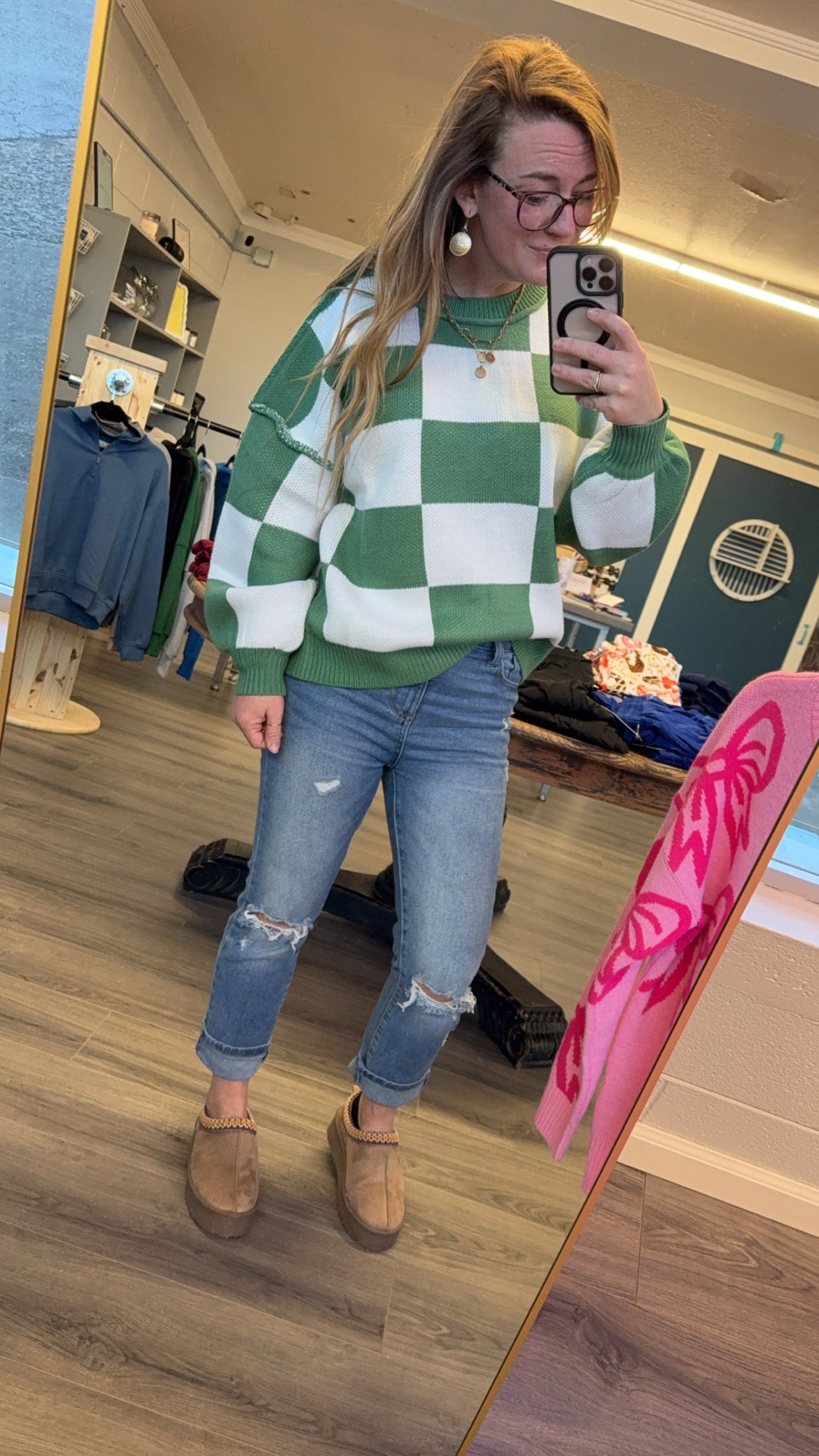 Checker Reverse Seam Crewneck Sweater
