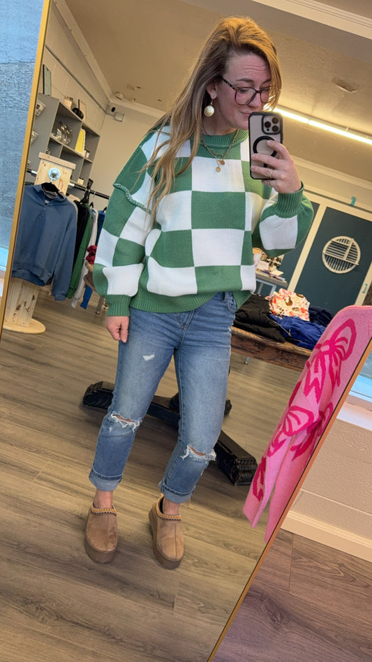 Checker Reverse Seam Crewneck Sweater