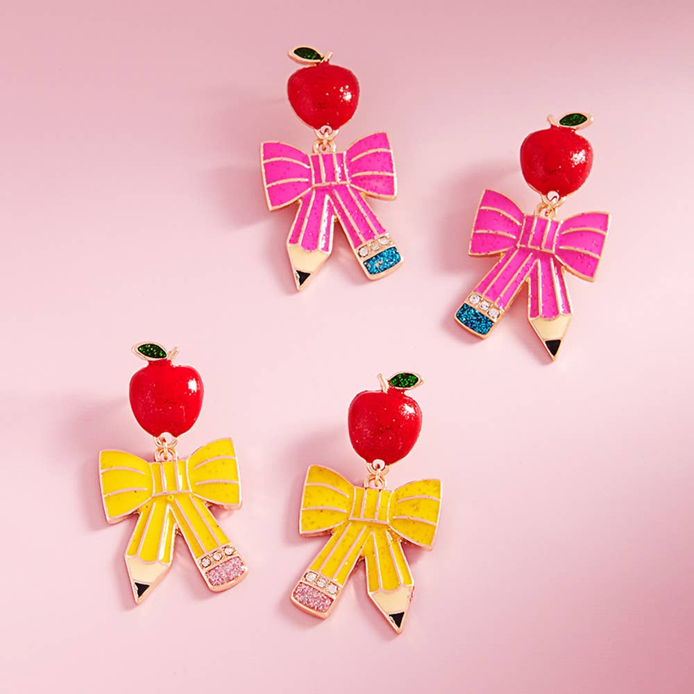 Enamel Apple Bow Pencil Dangle Earrings