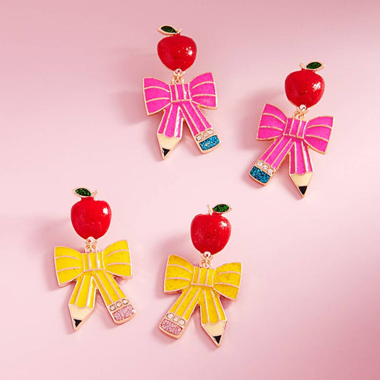 Enamel Apple Bow Pencil Dangle Earrings