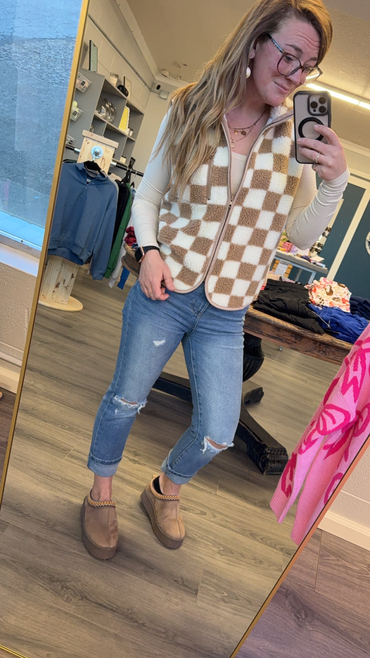 Checkered Sherpa Collared Jacket Vest