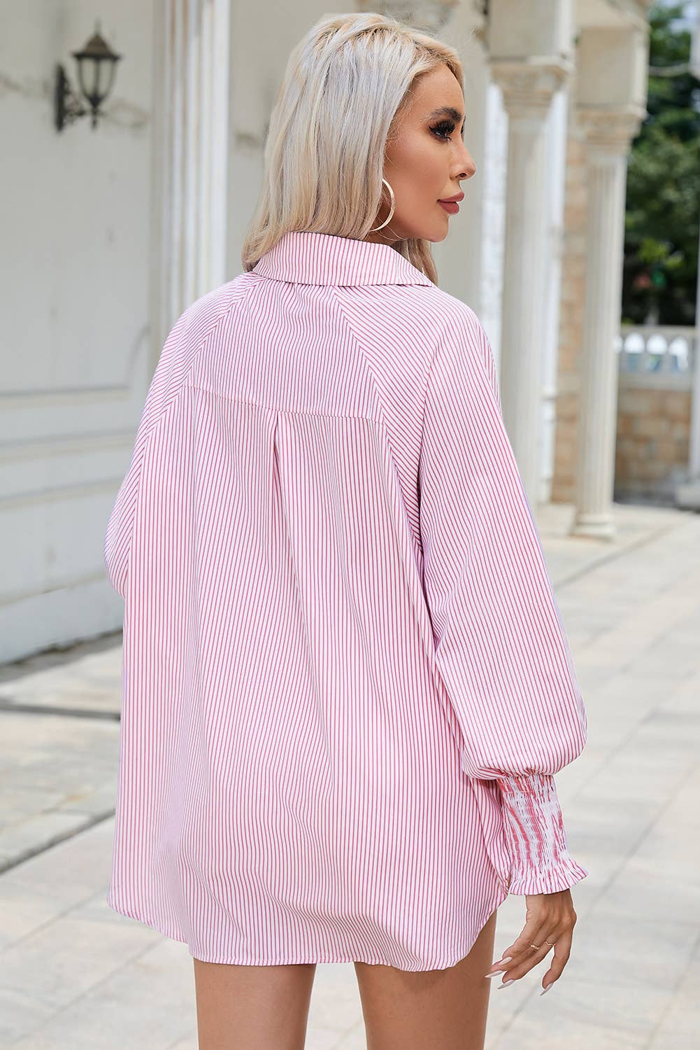 Smocked Cuffed Striped Boyfriend Shirt