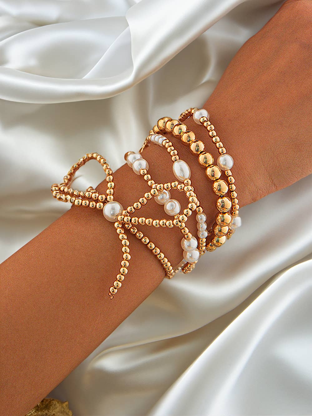 Valentine's Bow Knot Pearl Beaded Multi Layered Bracelet Set