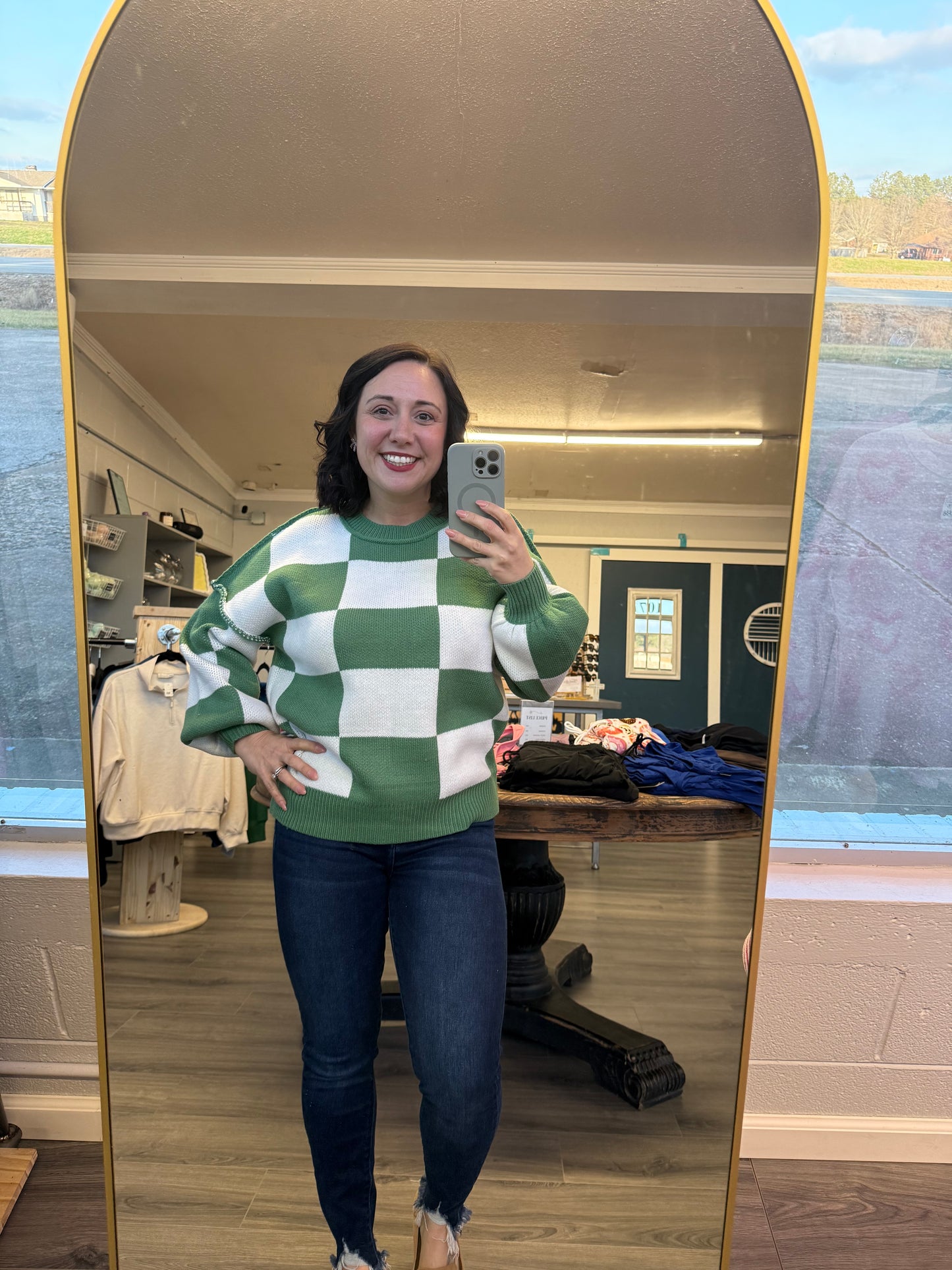 Checker Reverse Seam Crewneck Sweater