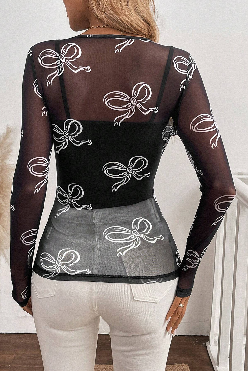 Bow Mesh Top- Long sleeve