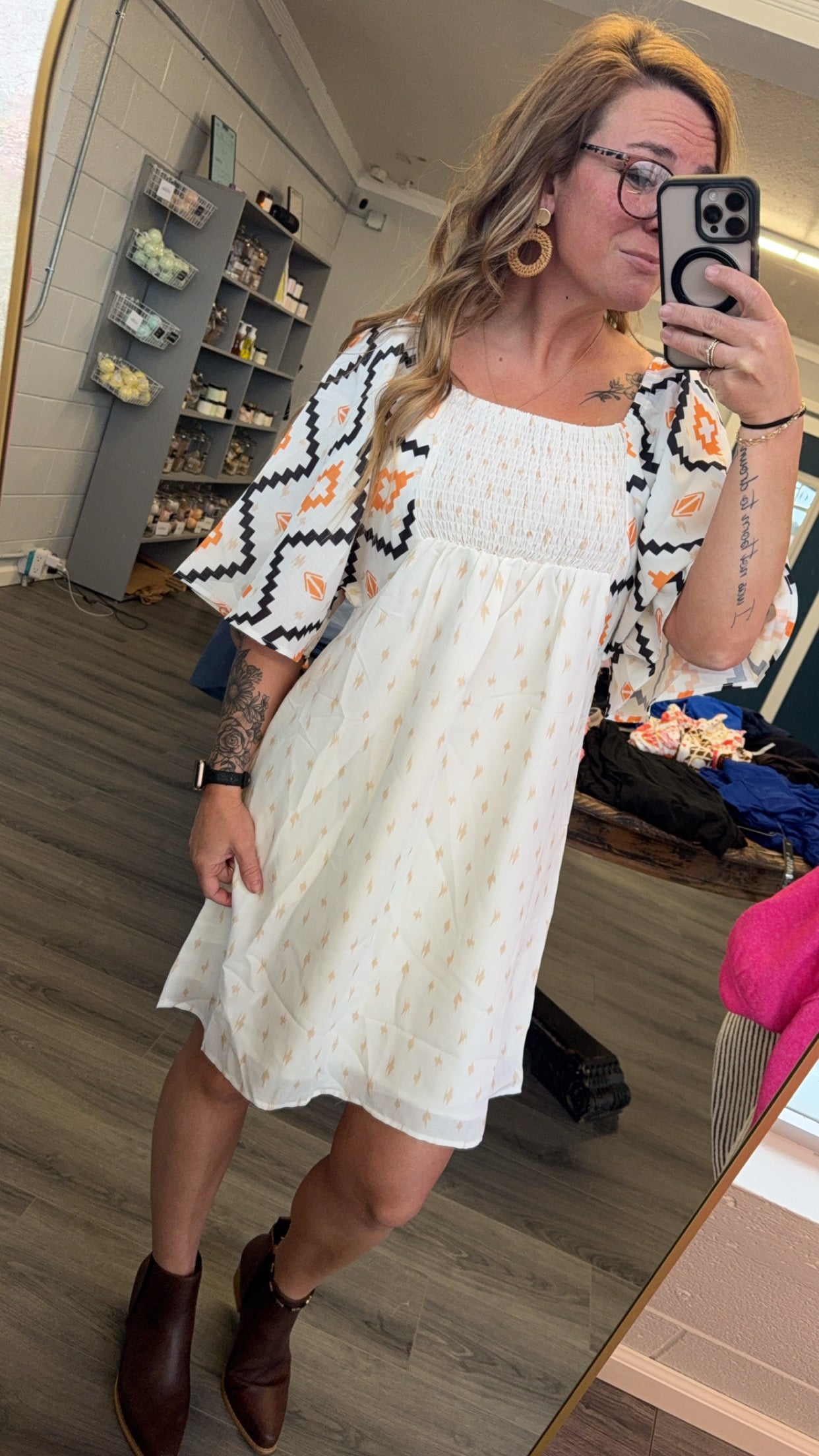 Aztec Print Pleated Square Neck Loose Mini Dress