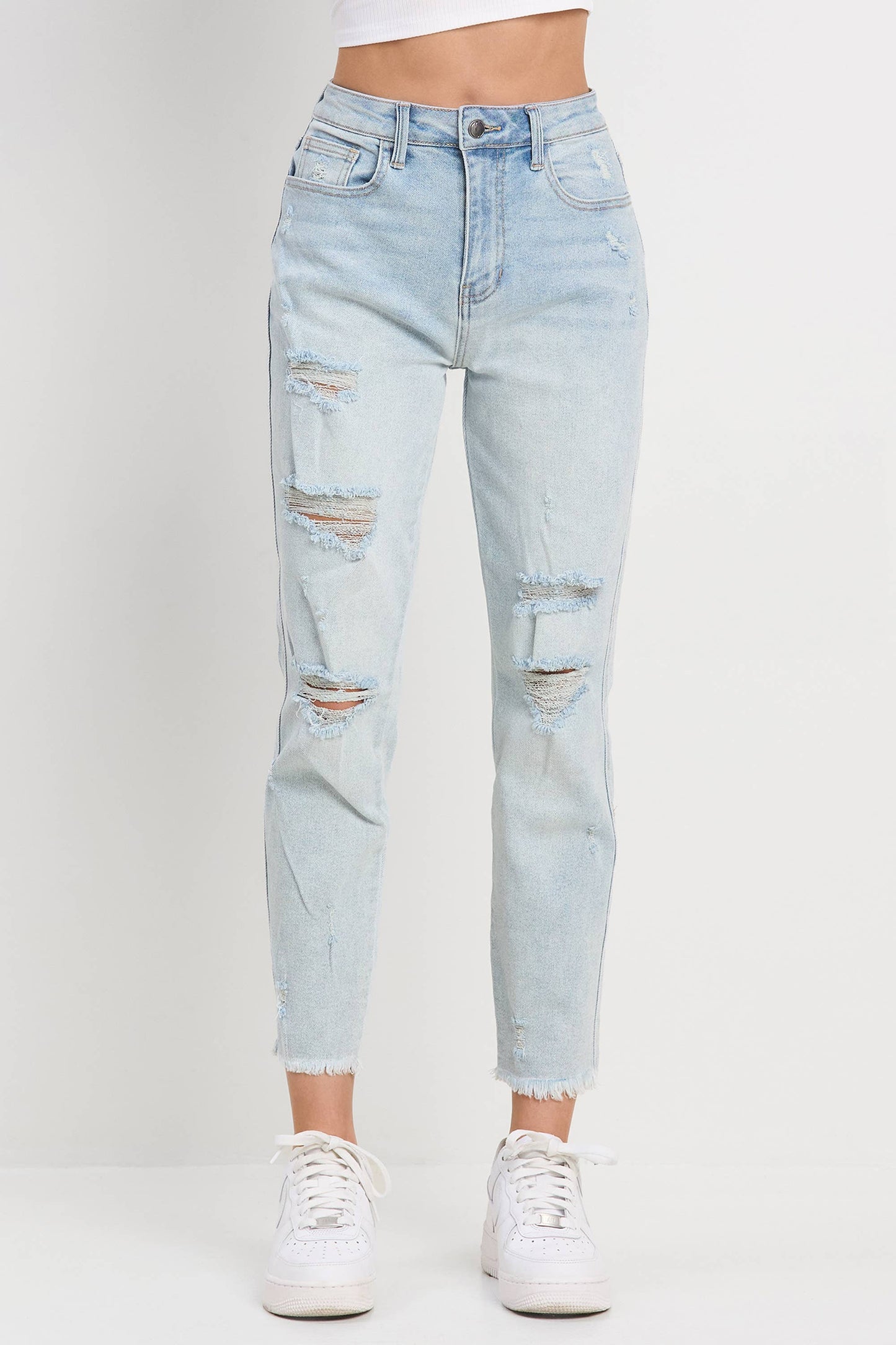 Light Wash Distressed Mom