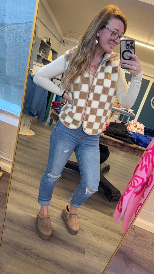 Checkered Sherpa Collared Jacket Vest