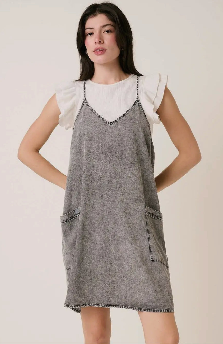 Washed Denim Patch Pocket Tank Mini Dress