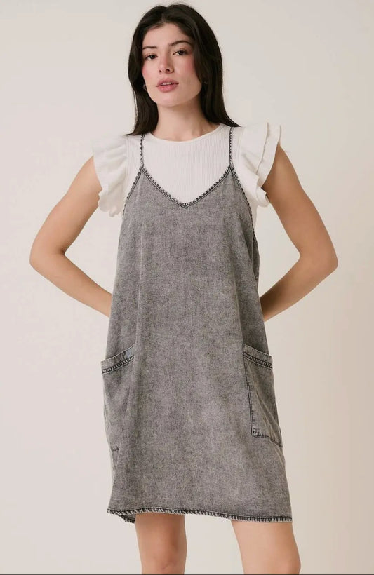 Washed Denim Patch Pocket Tank Mini Dress