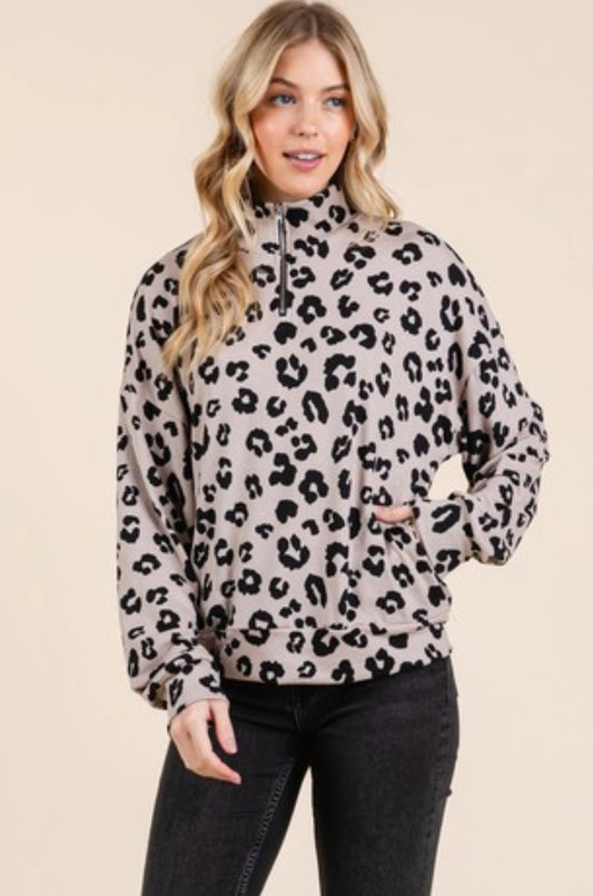Leopard Soft Brushed Fleeced Quarter Zip