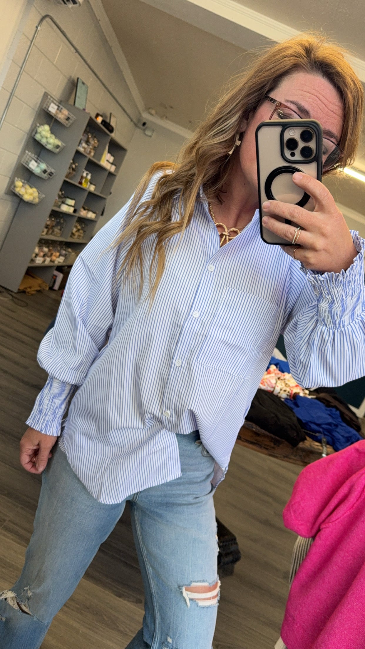 Smocked Cuffed Striped Boyfriend Shirt