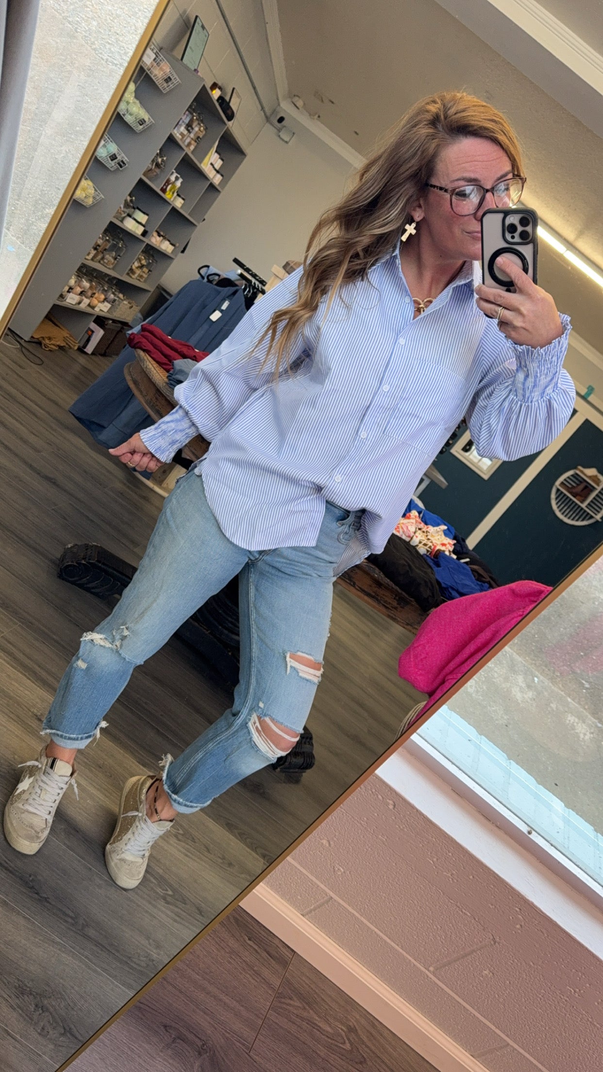 Smocked Cuffed Striped Boyfriend Shirt