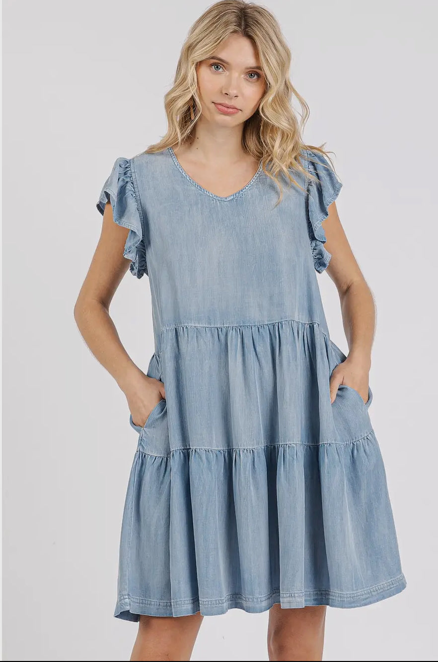 Washed Chambray Ruffle Sleeve Tier Mini Dress