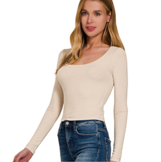 RIBBED BOAT NECK LONG SLEEVE SHIRT