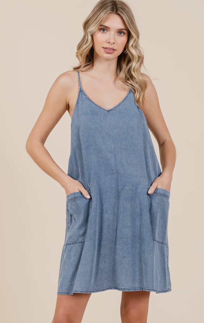 Washed Denim Patch Pocket Tank Mini Dress