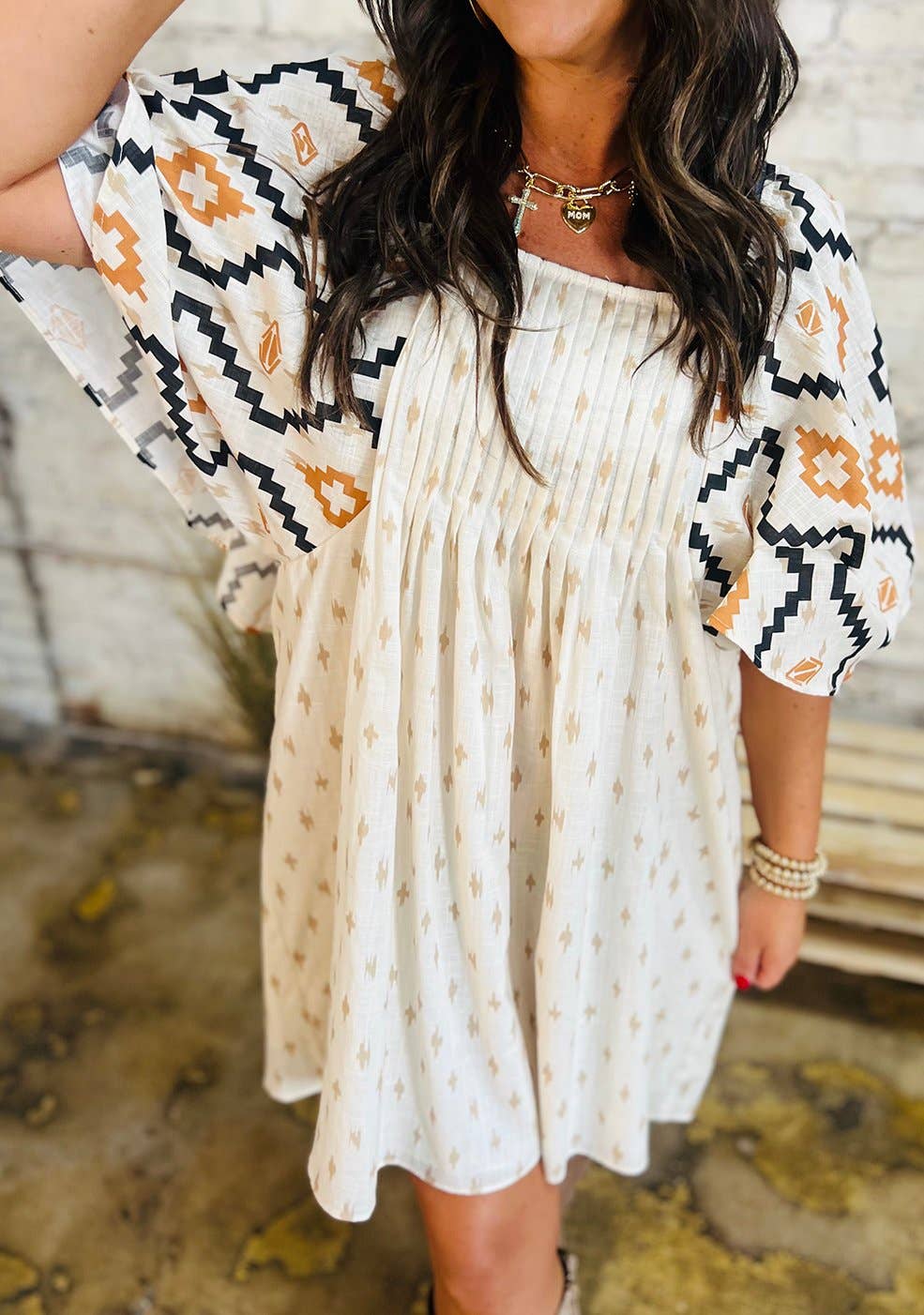 Aztec Print Pleated Square Neck Loose Mini Dress