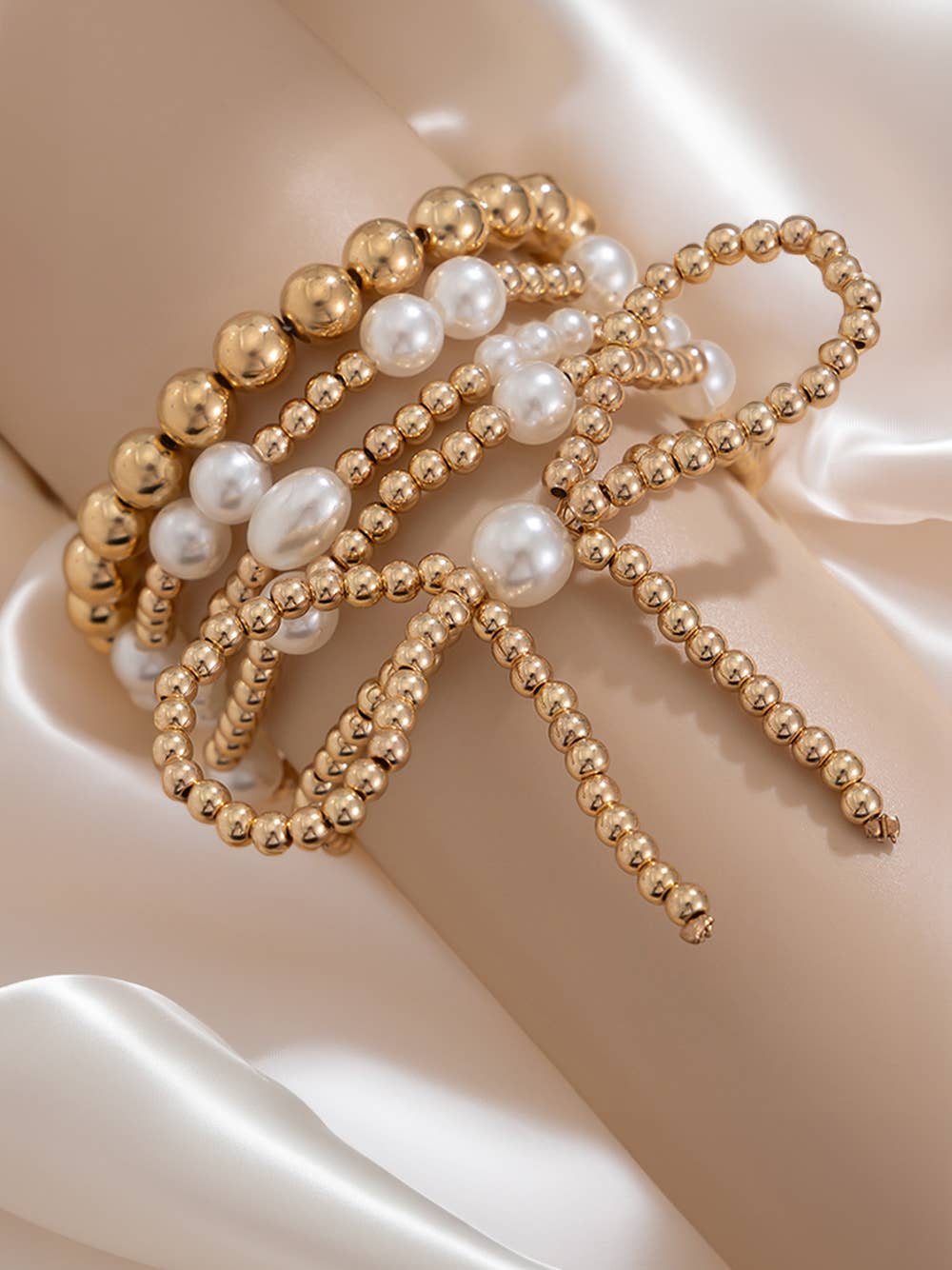 Valentine's Bow Knot Pearl Beaded Multi Layered Bracelet Set
