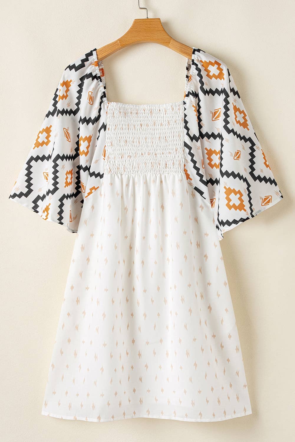 Aztec Print Pleated Square Neck Loose Mini Dress
