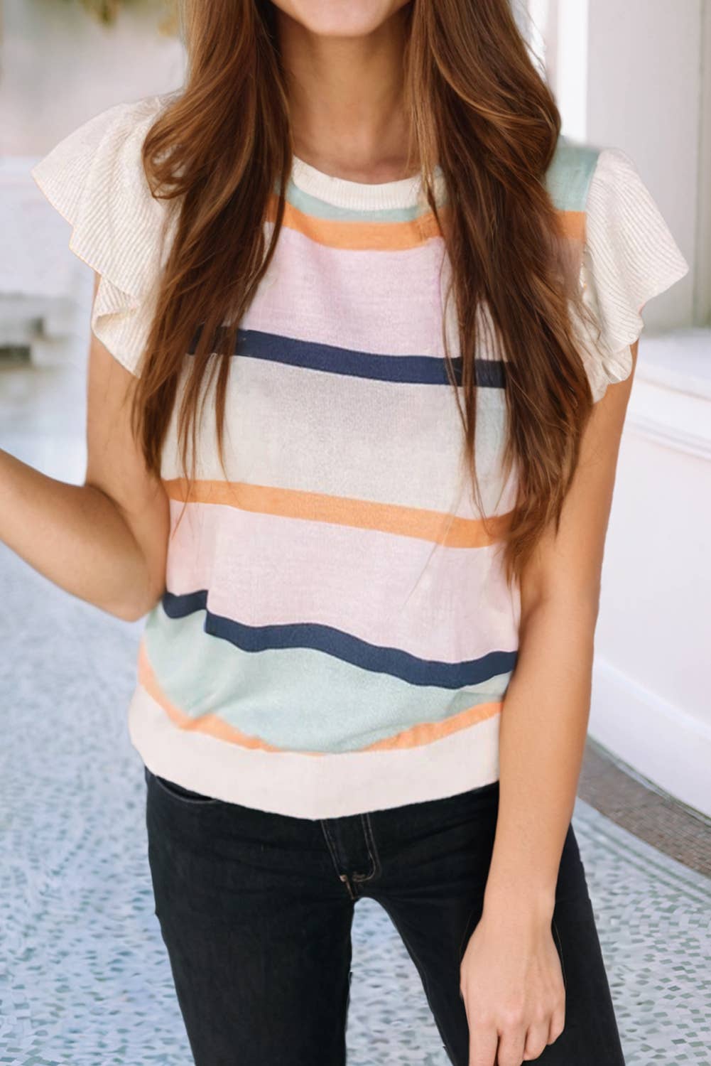 Striped Color Block Flutter Sleeve Top