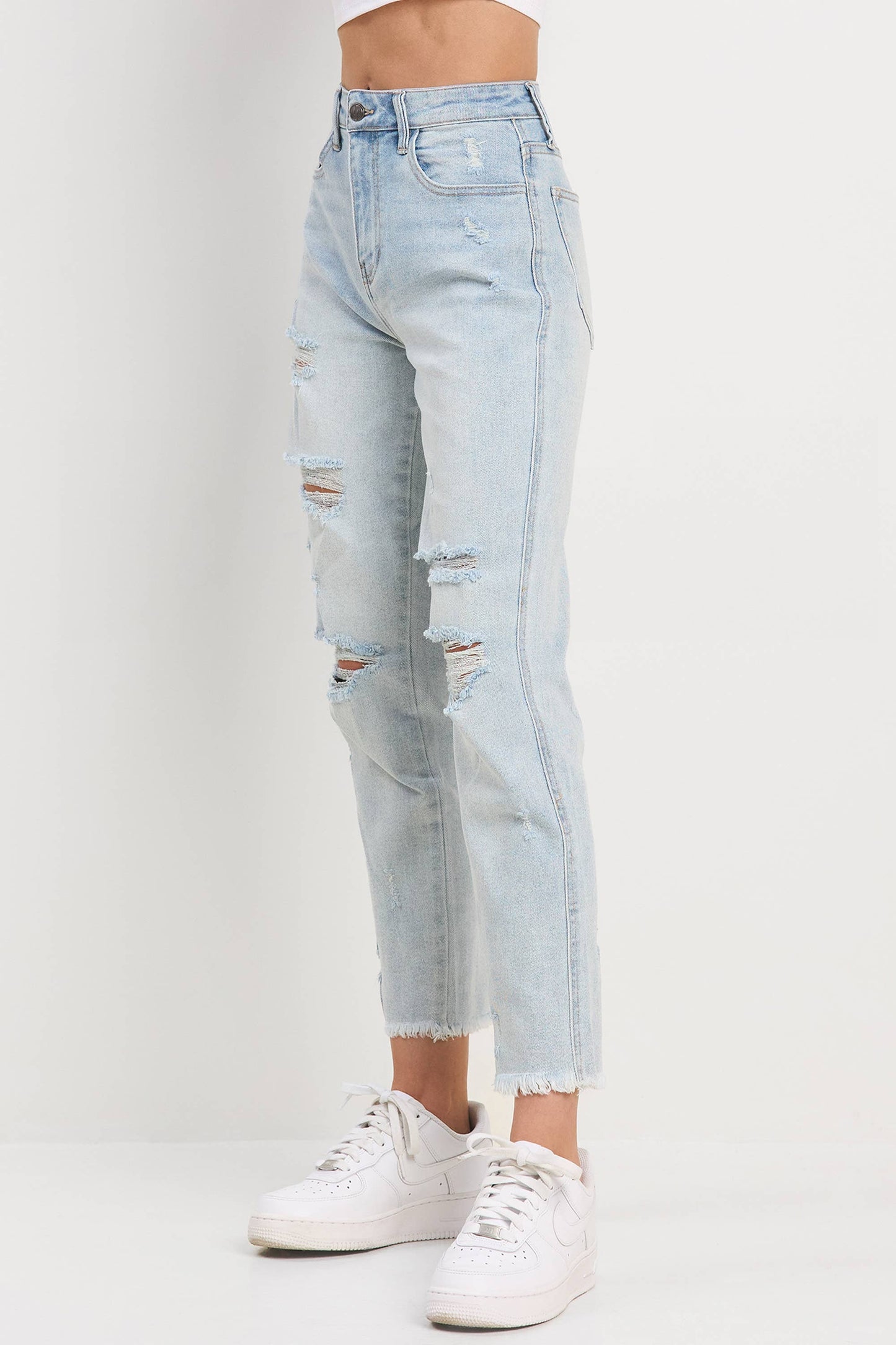Light Wash Distressed Mom