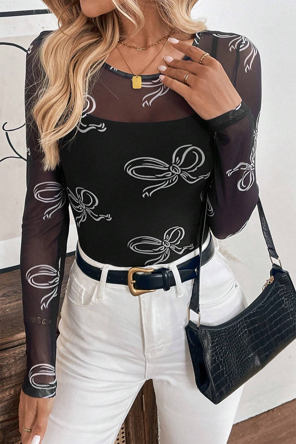 Bow Mesh Top- Long sleeve