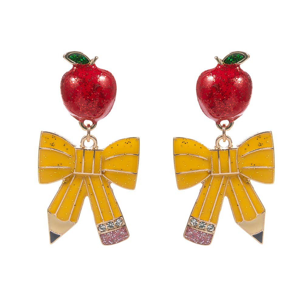 Enamel Apple Bow Pencil Dangle Earrings