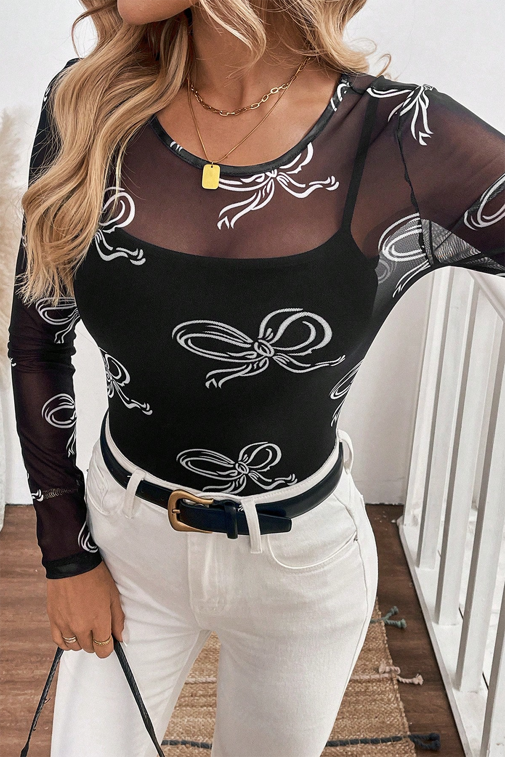 Bow Mesh Top- Long sleeve