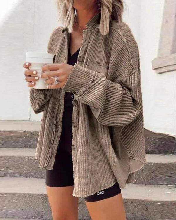 Batwing sleeve button front waffle knit shacket
