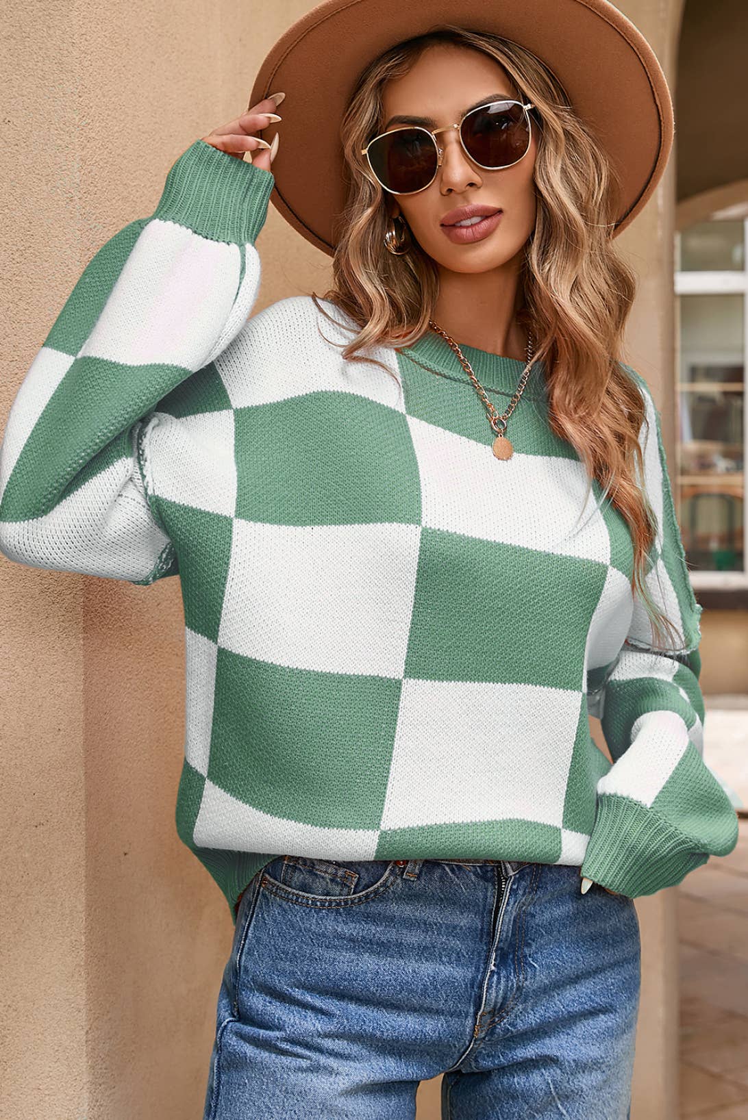 Checker Reverse Seam Crewneck Sweater