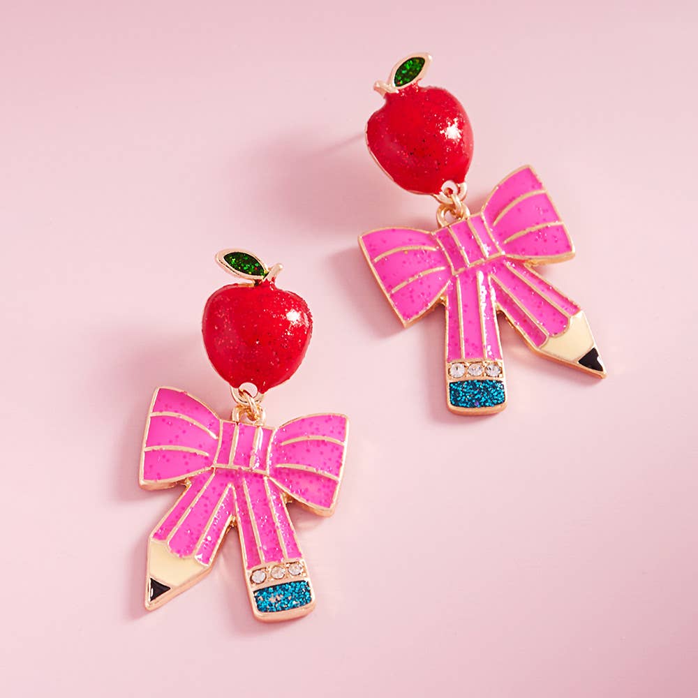 Enamel Apple Bow Pencil Dangle Earrings