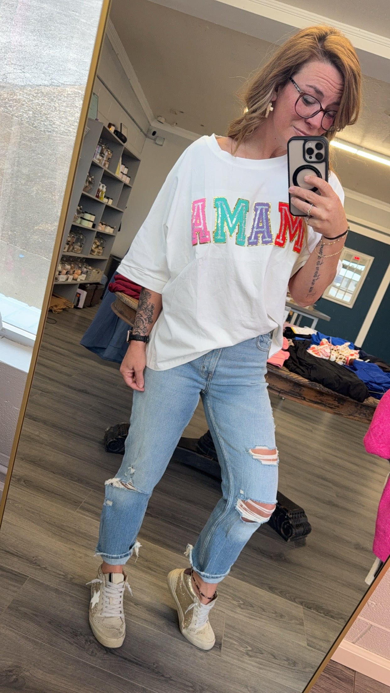 MAMA Sequin Patch Crewneck T-Shirt