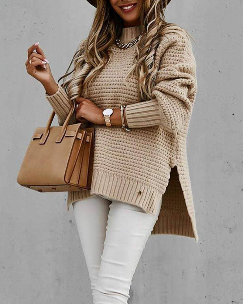 Solid long sleeve loose slit hem sweater