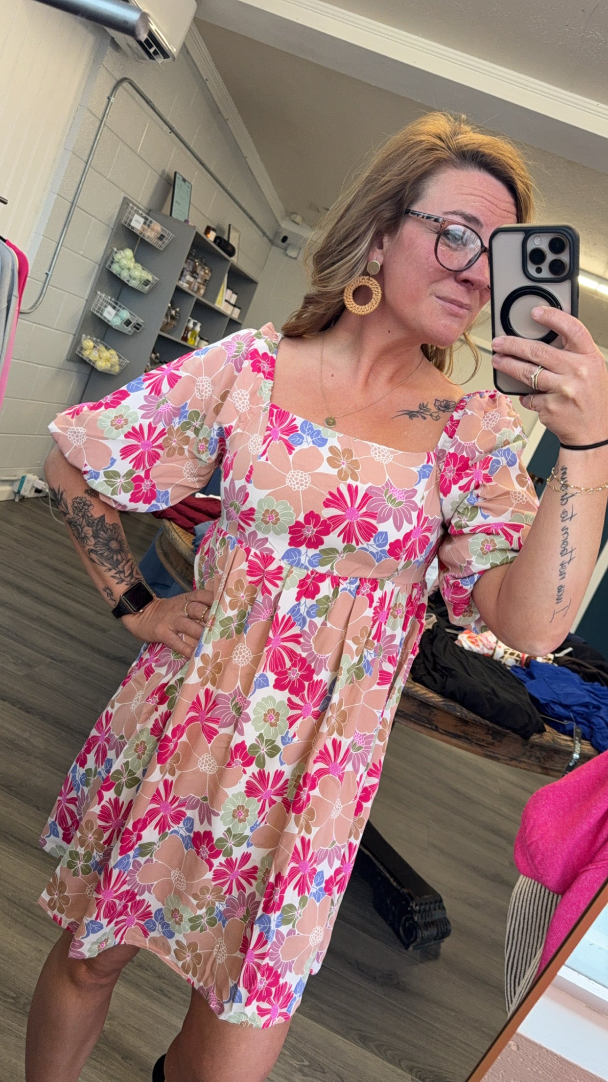 Floral Square Neck Puff Sleeve Babydoll Dress