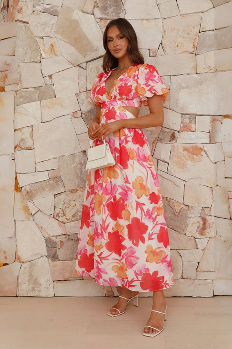 V Neck Puff Sleeve Dress