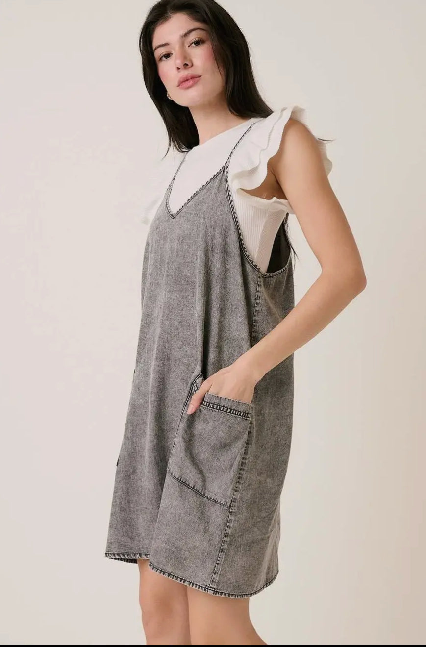 Washed Denim Patch Pocket Tank Mini Dress