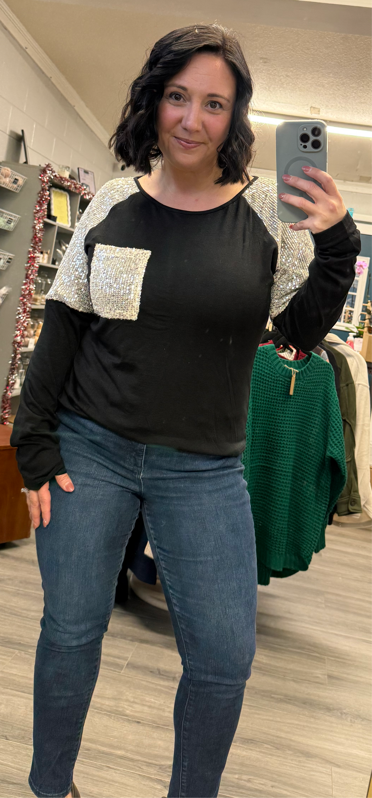 Sequin Patch Raglan Sleeve Top