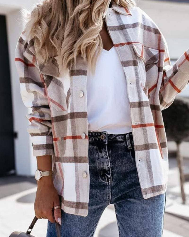 Plaid print long sleeve button up shacket