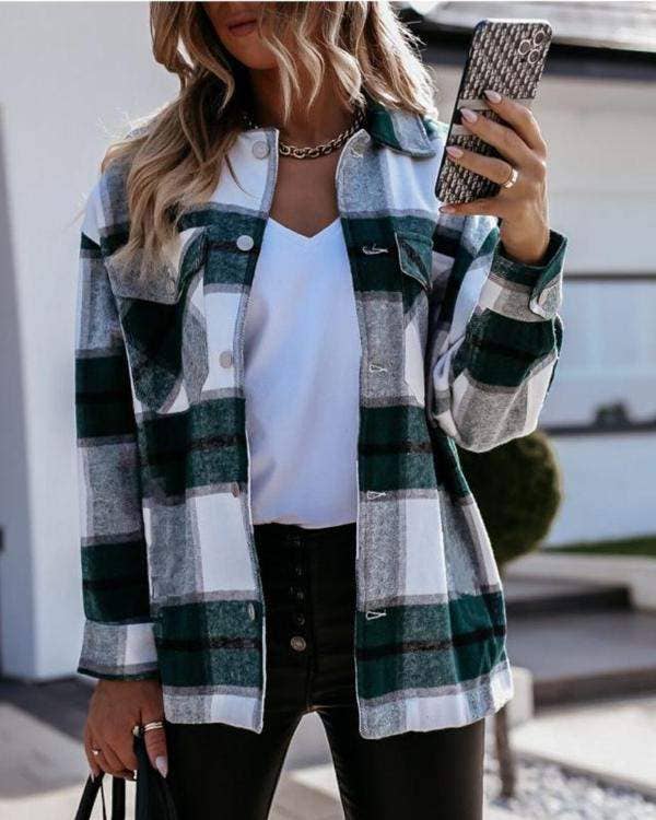 Plaid print long sleeve button up shacket