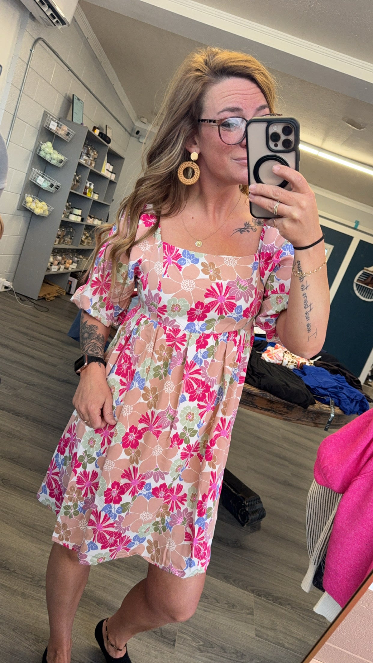 Floral Square Neck Puff Sleeve Babydoll Dress