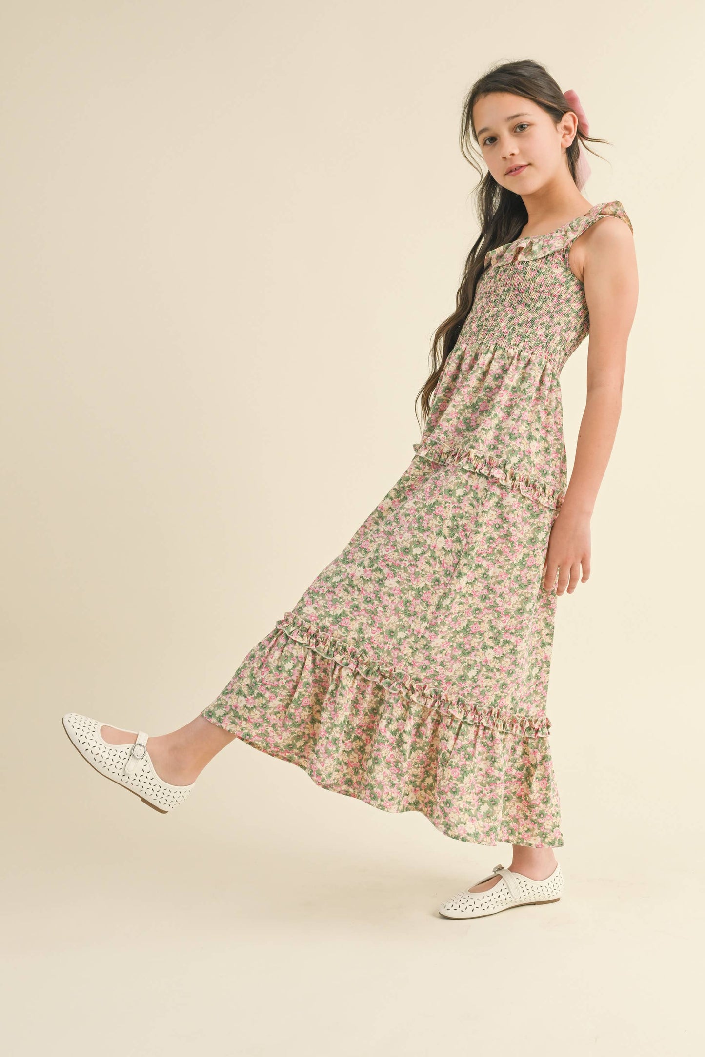 GIRLS RUFFLE SMOCKED MAXI DRESS