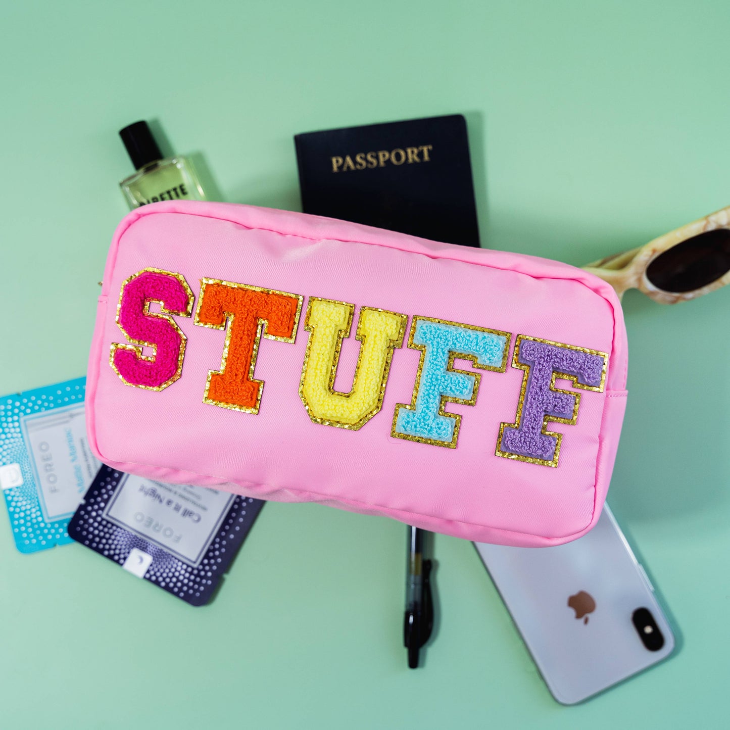 Preppy Nylon Chenille Letter Travel Makeup Pouch - STUFF