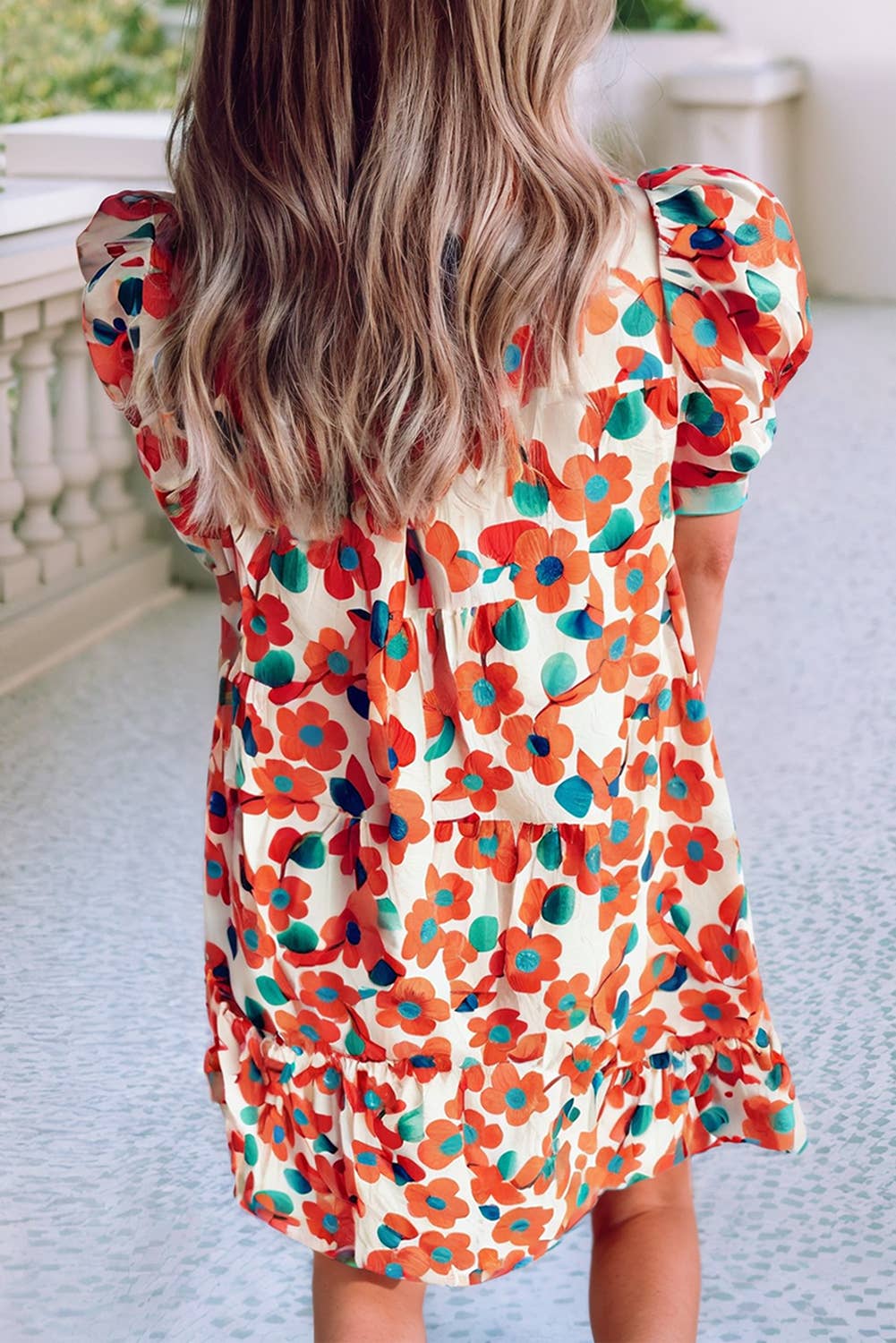 Floral VNeck Puff Mini Dress