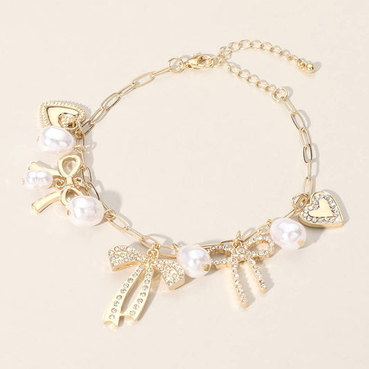 Bow Heart Pearl Charm Bracelet