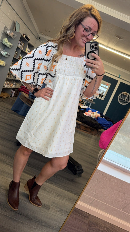 Aztec Print Pleated Square Neck Loose Mini Dress